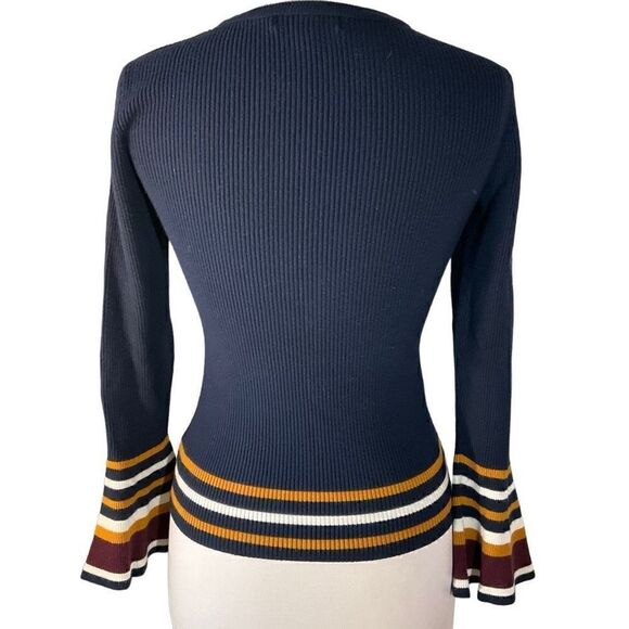 Marled Bell Sleeve Ribbed Contrast Sweater, M, Navy - Picture 5 of 14